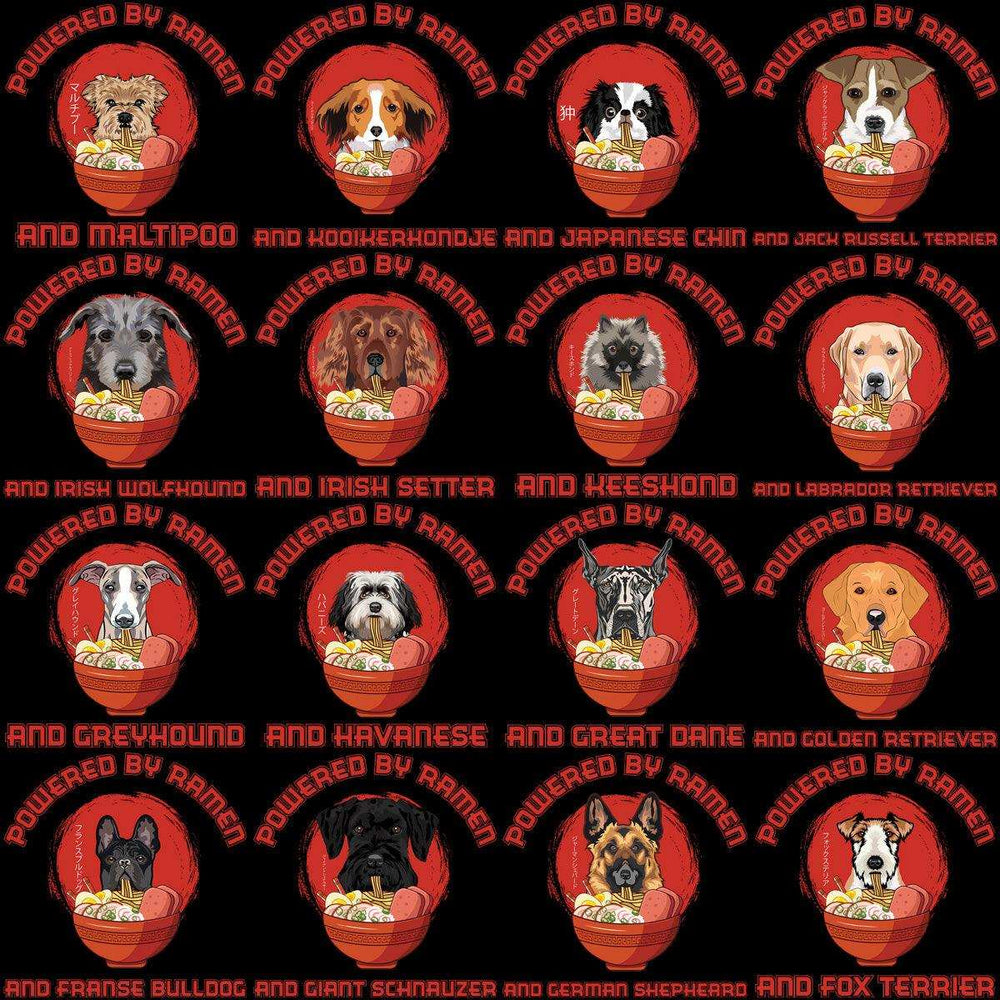 Dog breeds in ramen bowls, print-ready designs for DTG, DTF, embroidery, and tumbler wraps.