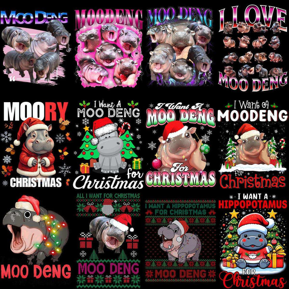 Moo Deng Christmas hippo designs for DTG, DTF, embroidery — festive holiday prints with Santa hats, trees, lights