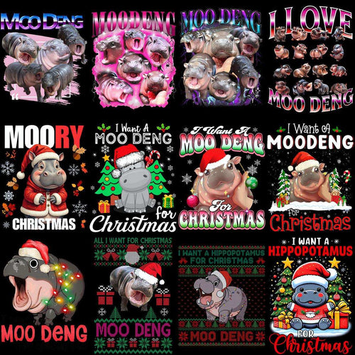 Moo Deng Christmas hippo designs for DTG, DTF, embroidery — festive holiday prints with Santa hats, trees, lights