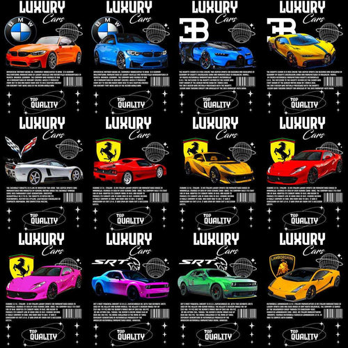 Luxury Cars Collection: BMW, Bugatti, Ferrari, Lamborghini, and SRT Designs for DTF/DTG & Embroidery