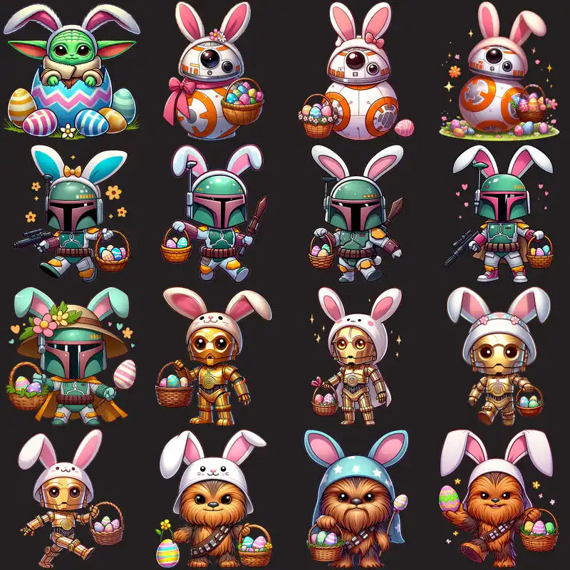 Easter-themed Star Wars characters with bunny ears and egg baskets, perfect for DTF/DTG designs.