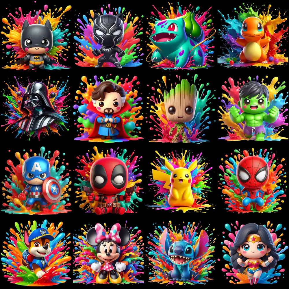 Cute chibi superheroes and characters with vibrant paint splashes, perfect for DTF/DTG designs.