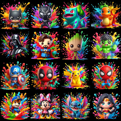 Cute chibi superheroes and characters with vibrant paint splashes, perfect for DTF/DTG designs.