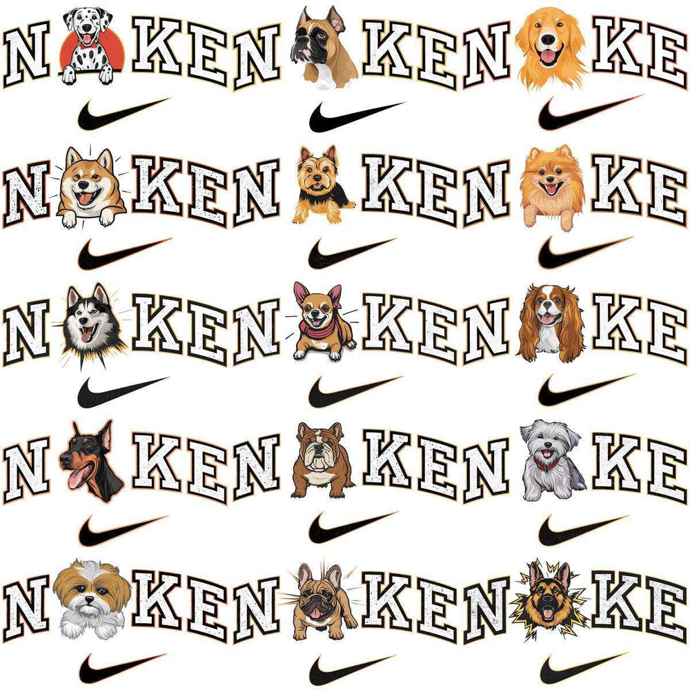 Dog breed designs with Nike-style swoosh, print-ready for DTF DTG embroidery