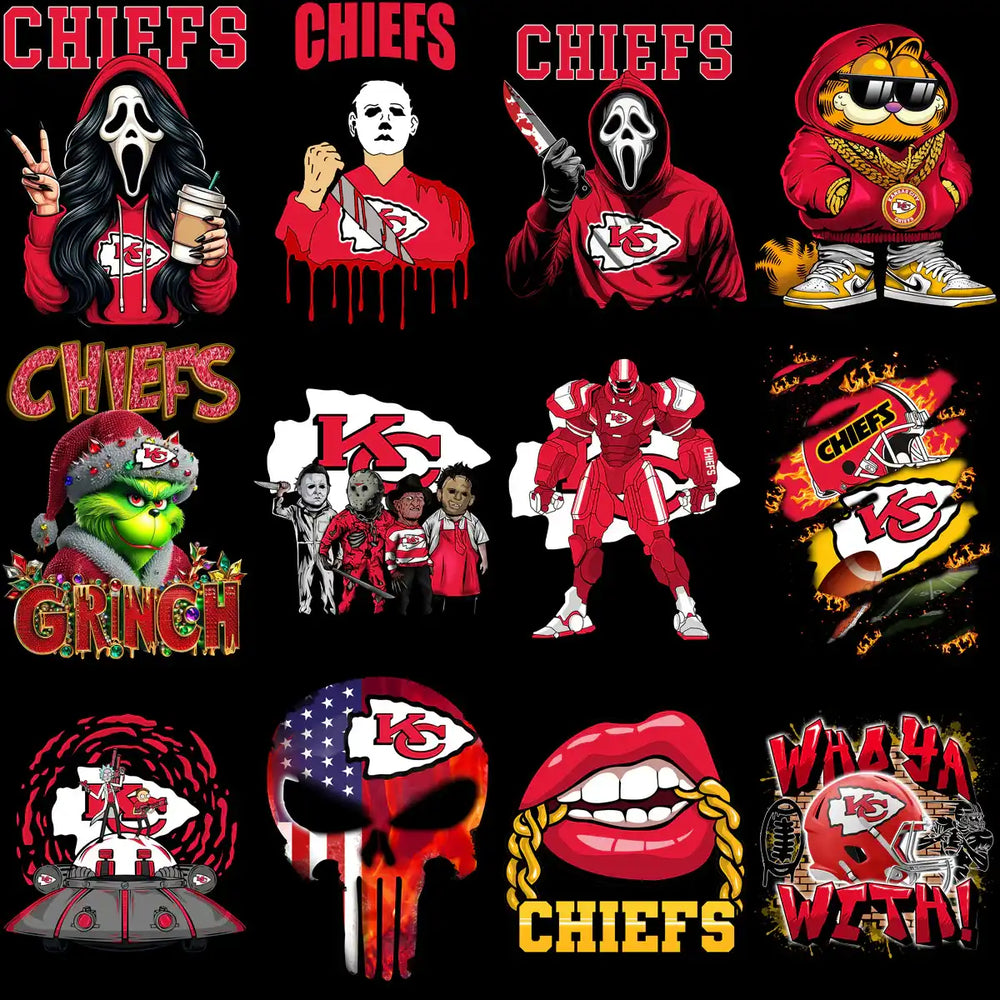 Kansas City Chiefs themed designs featuring horror, pop culture, and team logos for DTF/DTG printing