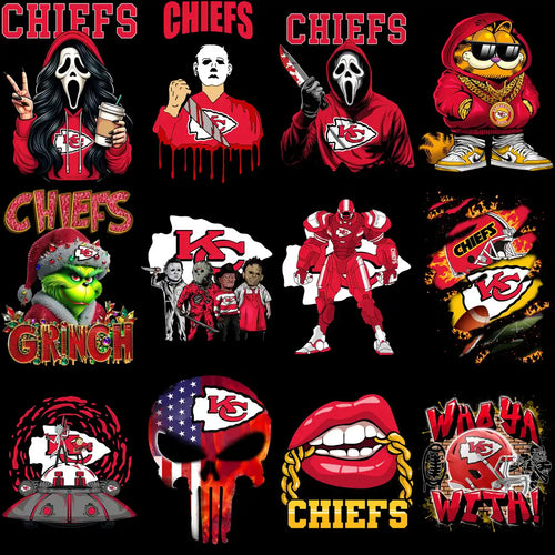 Kansas City Chiefs themed designs featuring horror, pop culture, and team logos for DTF/DTG printing