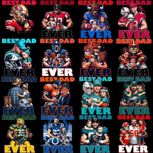 Best Dad Ever football-themed designs with NFL teams and family moments for DTF/DTG printing