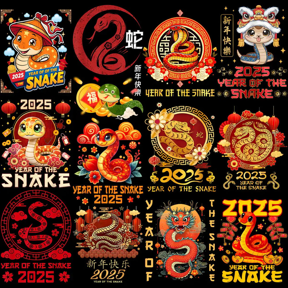 2025 Year of the Snake designs for DTF, DTG, embroidery, tumbler wraps — festive Chinese New Year graphics