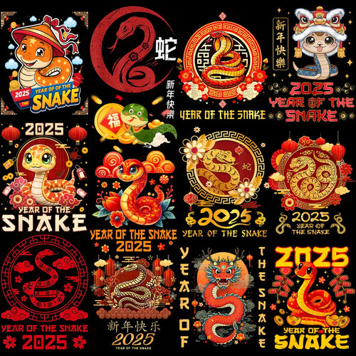 2025 Year of the Snake designs for DTF, DTG, embroidery, tumbler wraps — festive Chinese New Year graphics