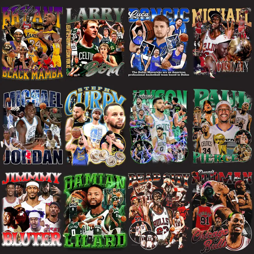 Basketball player collage with NBA stars like Jordan, Curry, LeBron, and Lillard for DTF/DTG print designs