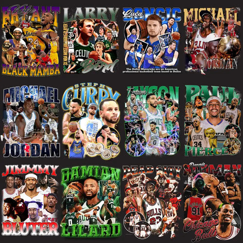 Basketball player collage with NBA stars like Jordan, Curry, LeBron, and Lillard for DTF/DTG print designs