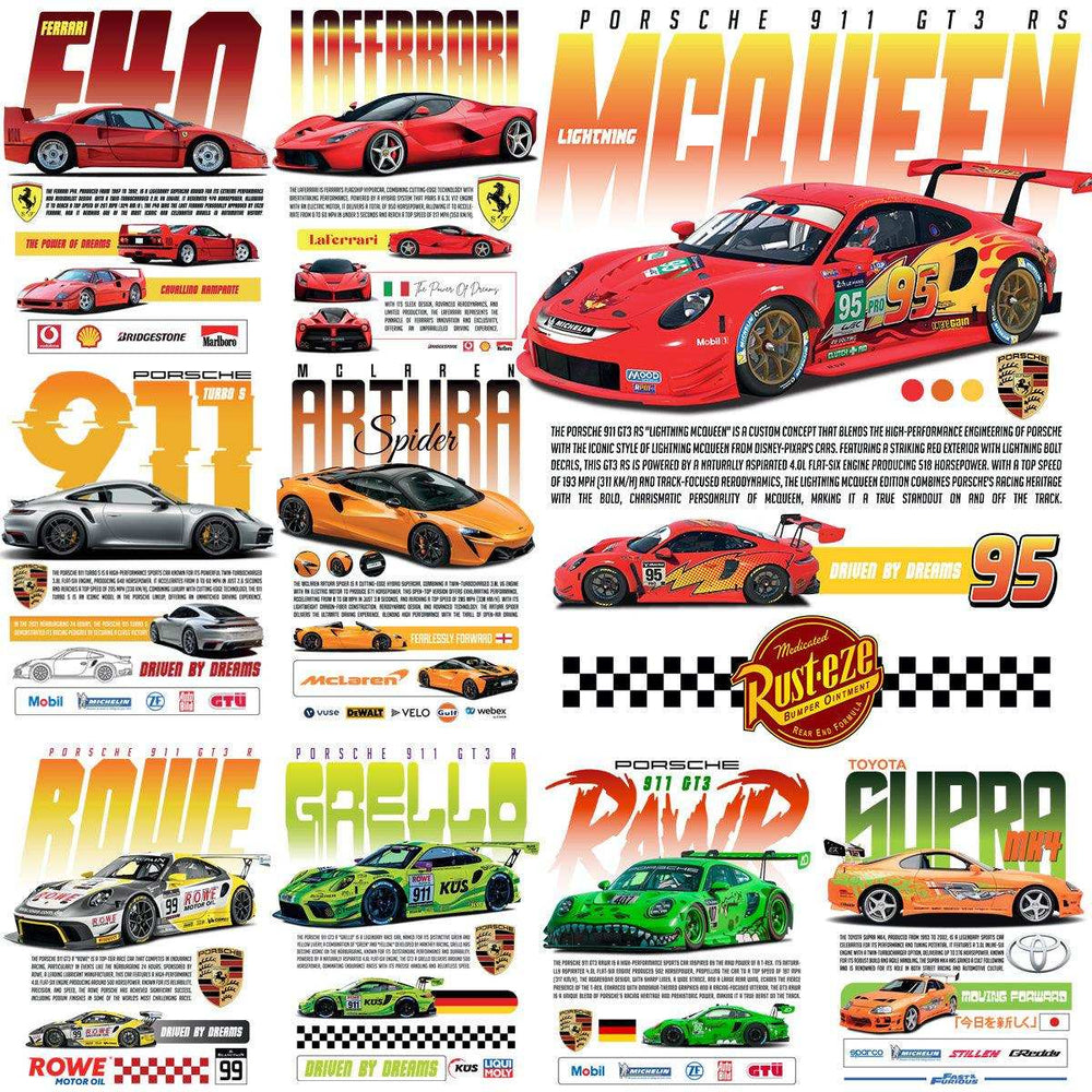 Porsche 911 GT3 RS Lightning McQueen and other race car designs for DTF/DTG printing