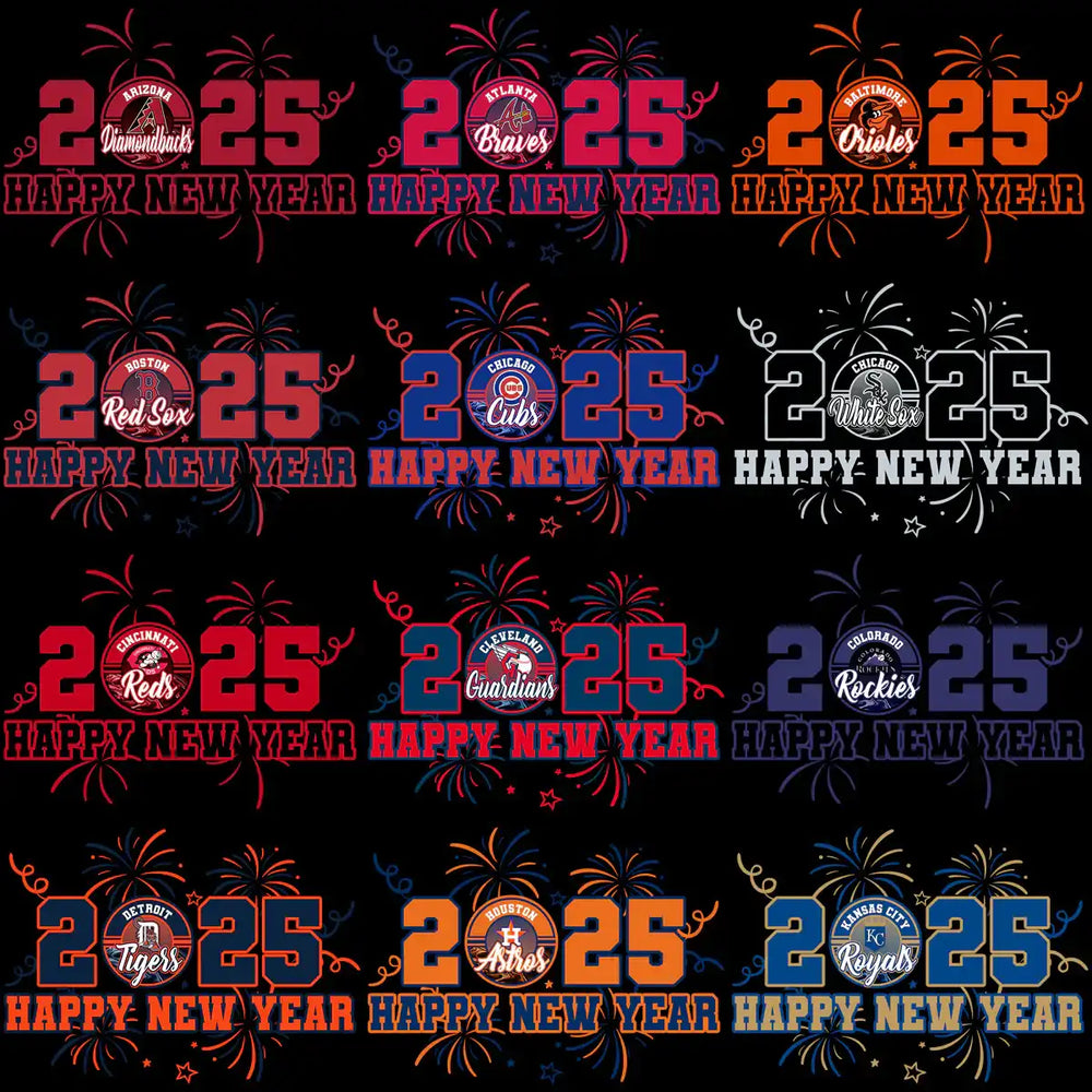 2025 Happy New Year MLB team designs with fireworks, print-ready for DTF DTG apparel