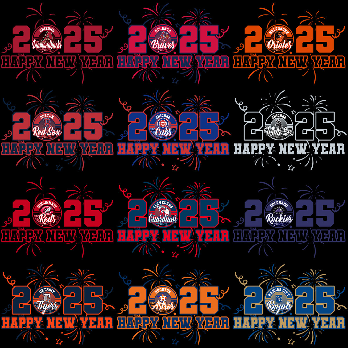 30 Happy New Year 2025 Baseball Teams Designs Bundle PNG