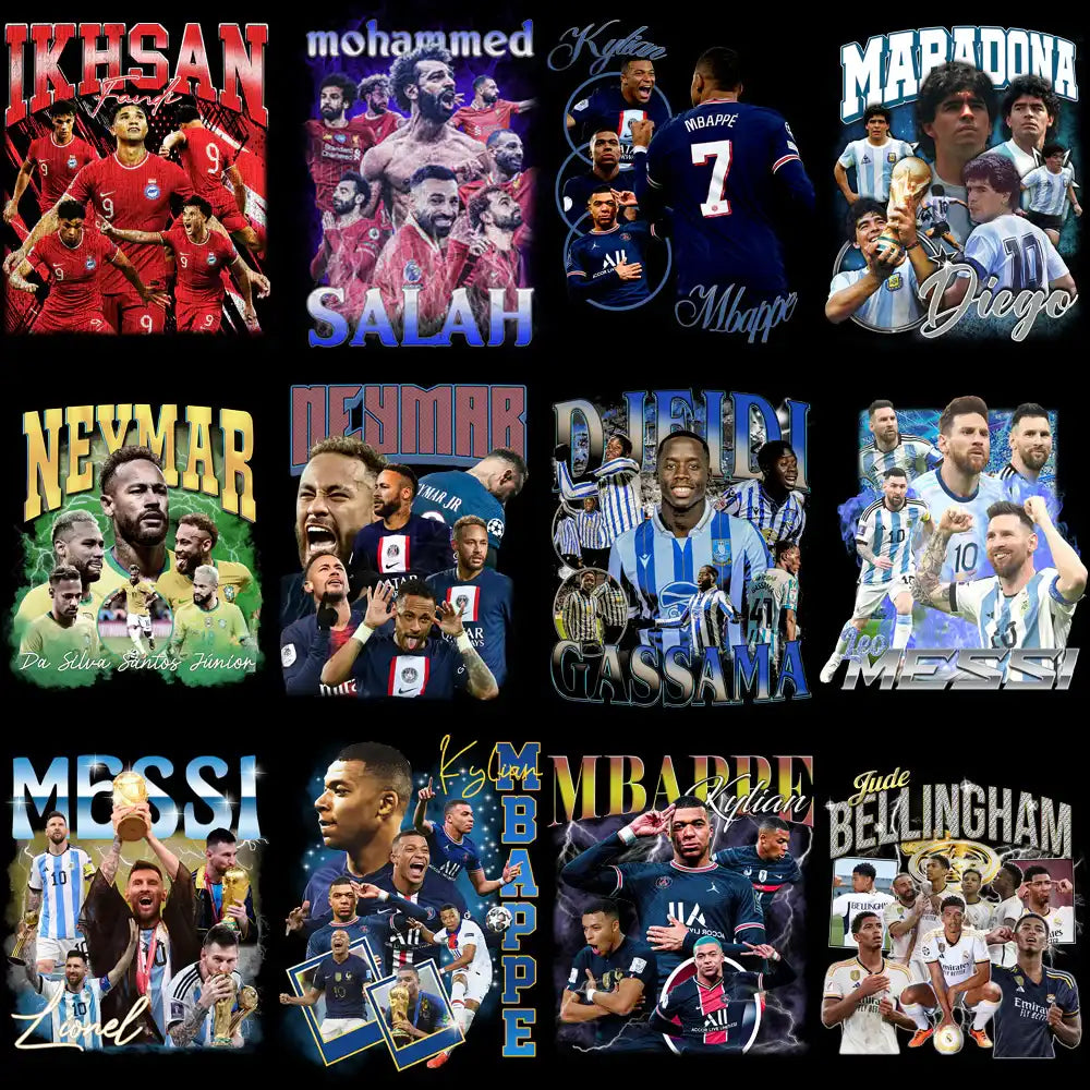 Soccer player designs for DTF/DTG, embroidery & tumbler wraps — Messi, Mbappe, Salah, Maradona, Neymar, Bellingham