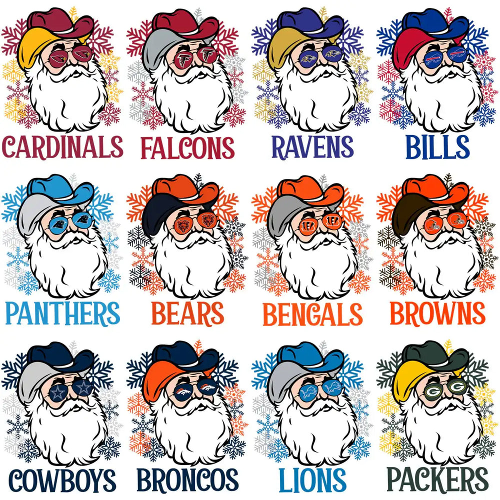 NFL team Santa designs with snowflakes for DTF/DTG and embroidery