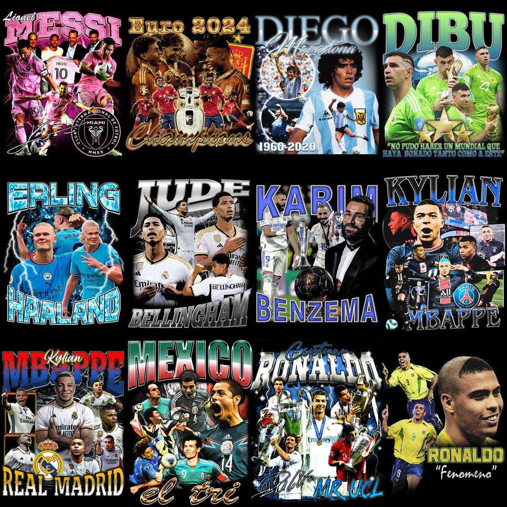 Soccer player collages featuring Messi, Ronaldo, Mbappe, Haaland, and more for DTF/DTG print designs