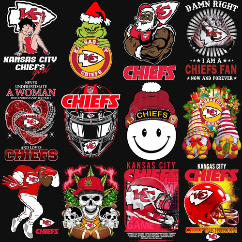 Kansas City Chiefs fan designs with helmets, Santa, Grinch, and festive graphics for DTF/DTG printing