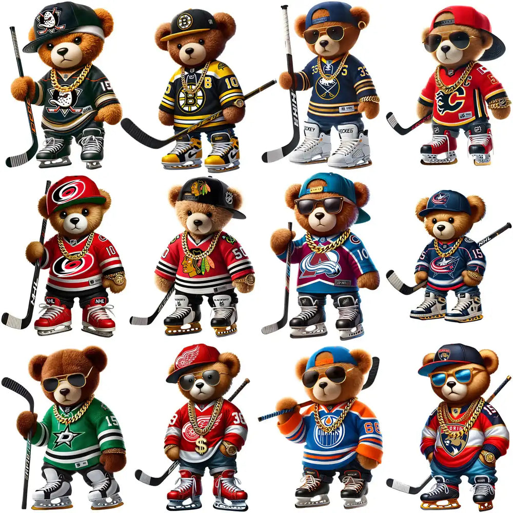 Teddy bears in NHL jerseys with hockey sticks, caps, and gold chains for print-ready designs.
