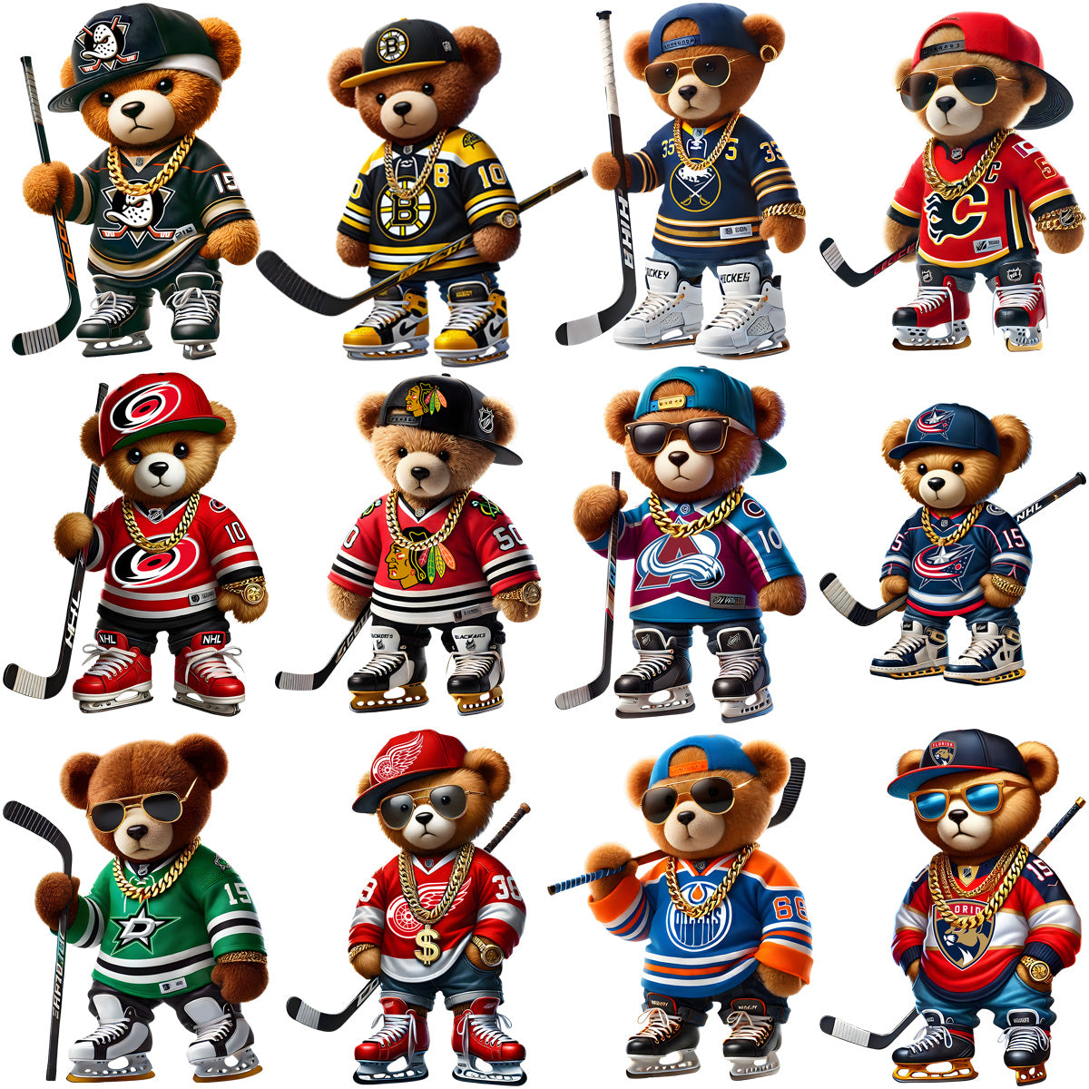 32 Teddy Bear Ice Hockey Teams Designs Bundle PNG