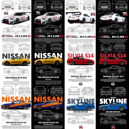 Nissan GT-R R35, Silvia S14, Skyline GTR R34 car design bundles with technical blueprints and specs for print-ready SVG, PNG