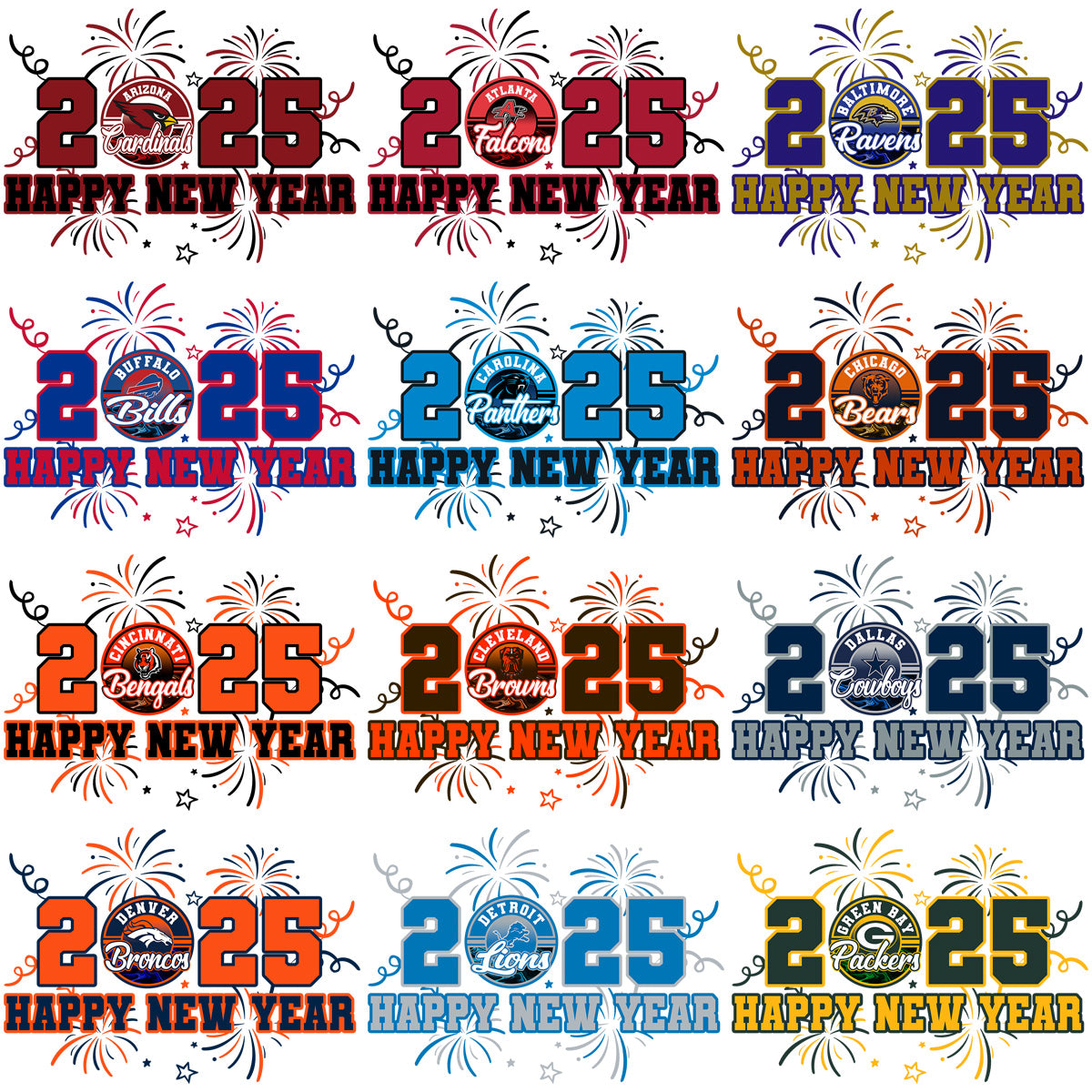 32 Happy New Year 2025 Football Teams Designs Bundle PNG