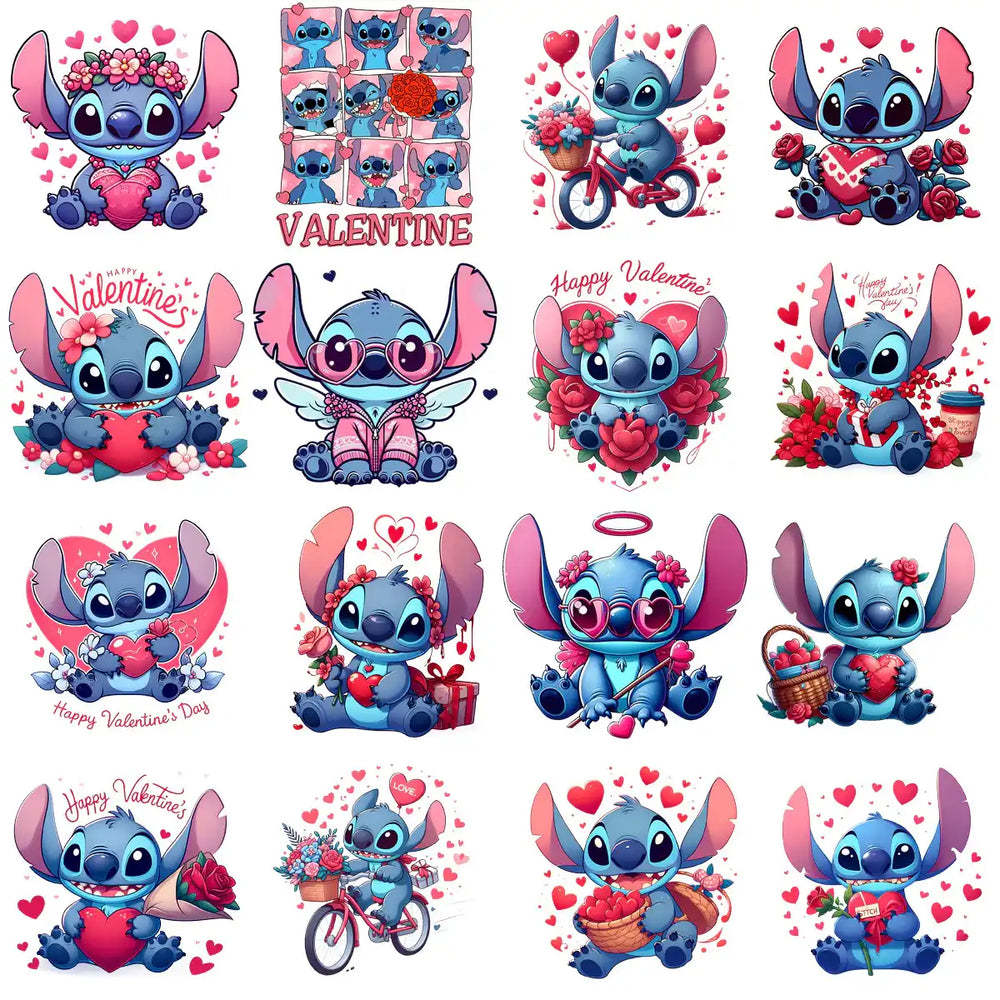Cute Stitch Valentine's Day designs with hearts, roses, and bikes for DTF, DTG, embroidery, and tumbler wraps.