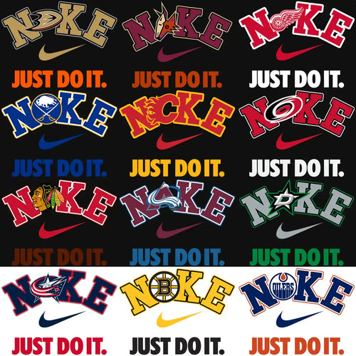 NHL team logos with Nike swoosh and Just Do It slogan, print-ready designs for apparel