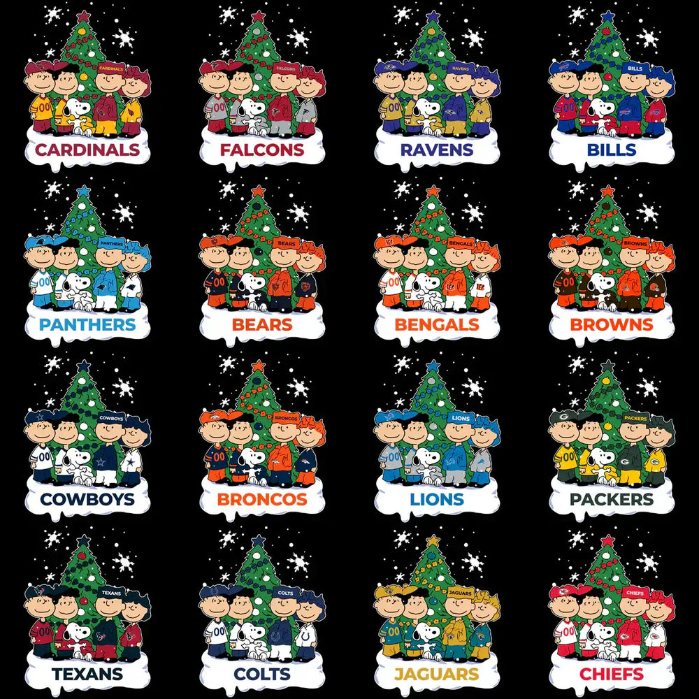 NFL team Christmas designs with Peanuts characters, festive trees, and snowflakes for holiday apparel.