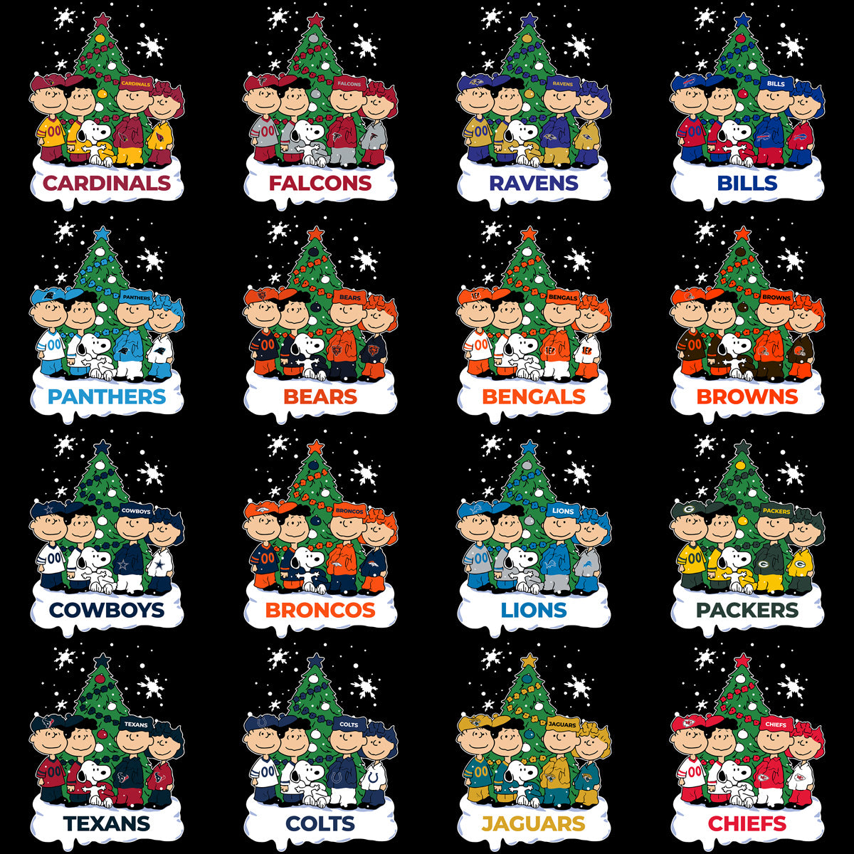 32 Snoopy Cartoon CHRISTMAS Football Teams Designs Bundle PNG