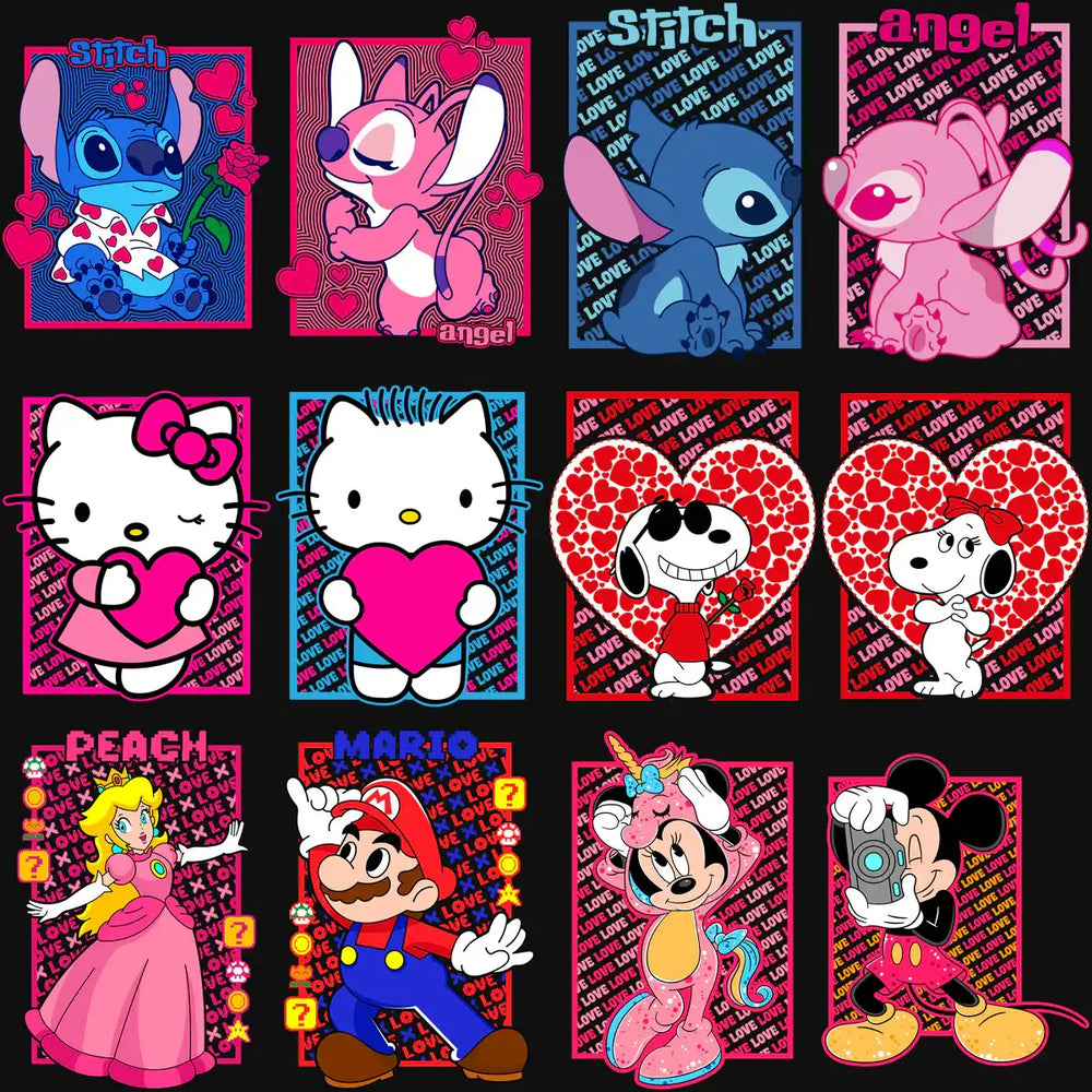 Valentine's Day cartoon designs featuring Stitch, Hello Kitty, Snoopy, Mario, and Minnie Mouse with hearts.