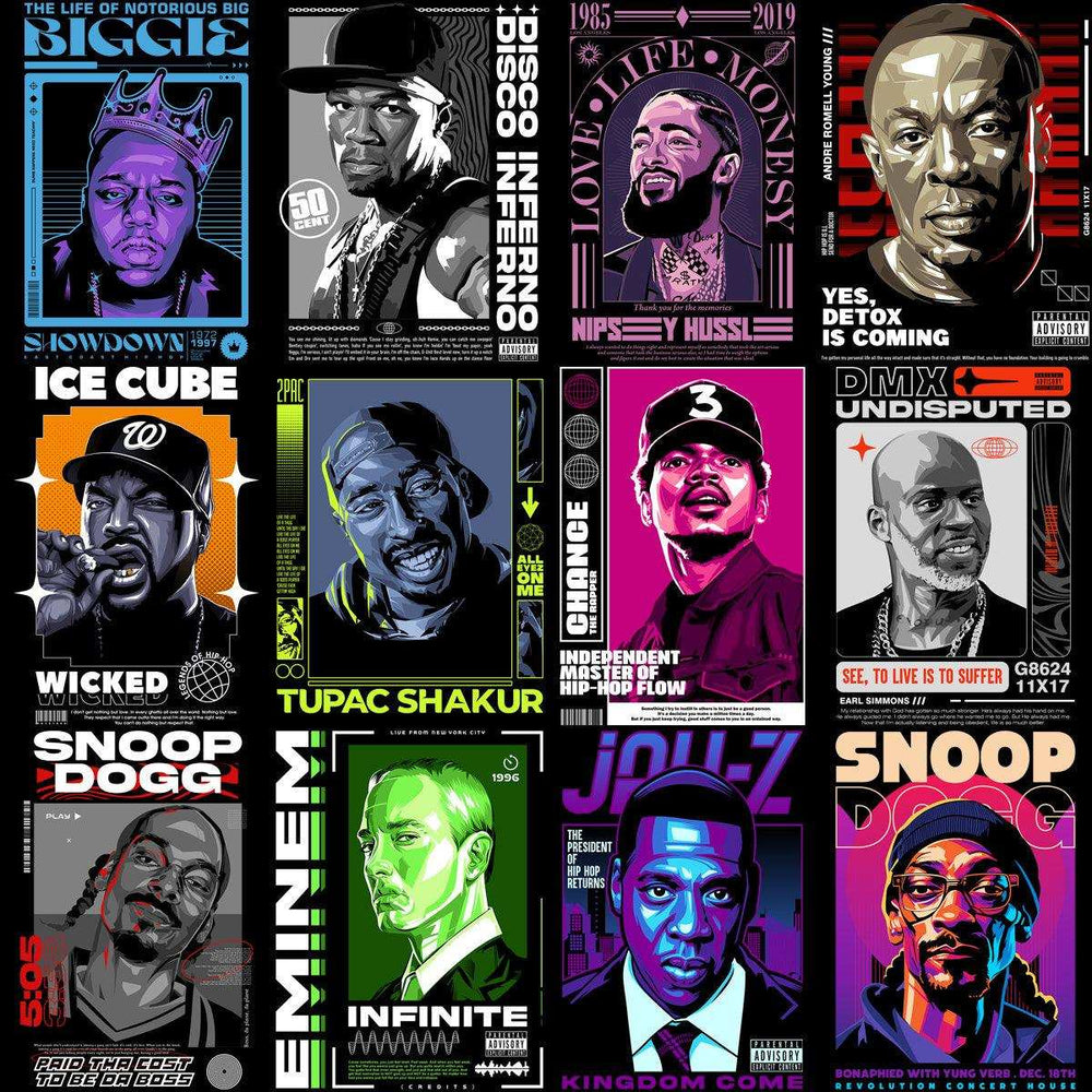 Hip hop artist posters with vibrant graphics, print-ready for DTF, DTG, embroidery, and tumbler wraps