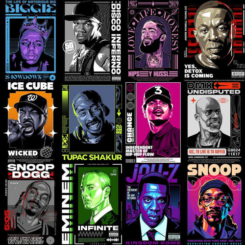Hip hop artist posters with vibrant graphics, print-ready for DTF, DTG, embroidery, and tumbler wraps