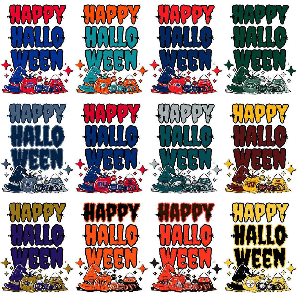 Happy Halloween NFL team designs with witch hats, pumpkins, and team logos for DTF/DTG printing