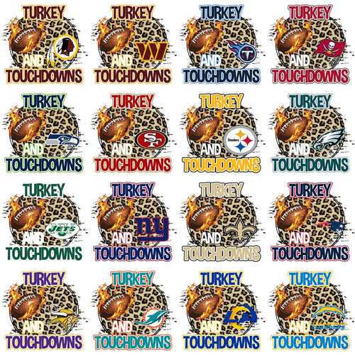 Turkey and Touchdowns football designs with team logos on leopard print, perfect for DTF/DTG printing.