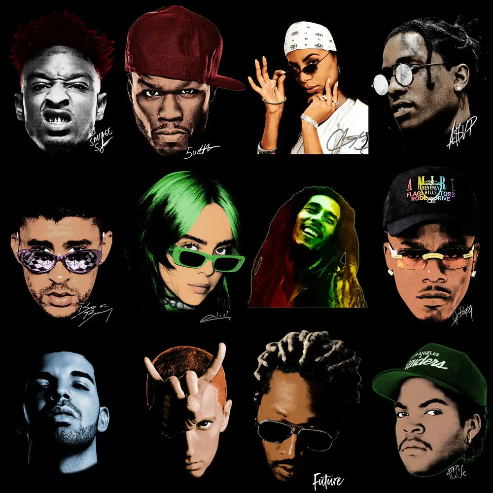 Celebrity portraits with stylized colors and signatures, ideal for DTF, DTG, and embroidery designs.