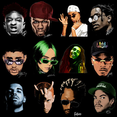 Celebrity portraits with stylized colors and signatures, ideal for DTF, DTG, and embroidery designs.