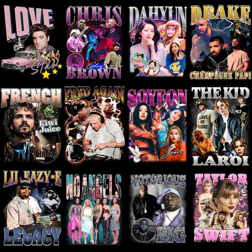 Music artist collage with print-ready designs for t-shirts and merch, featuring pop, hip-hop, and R&B stars.