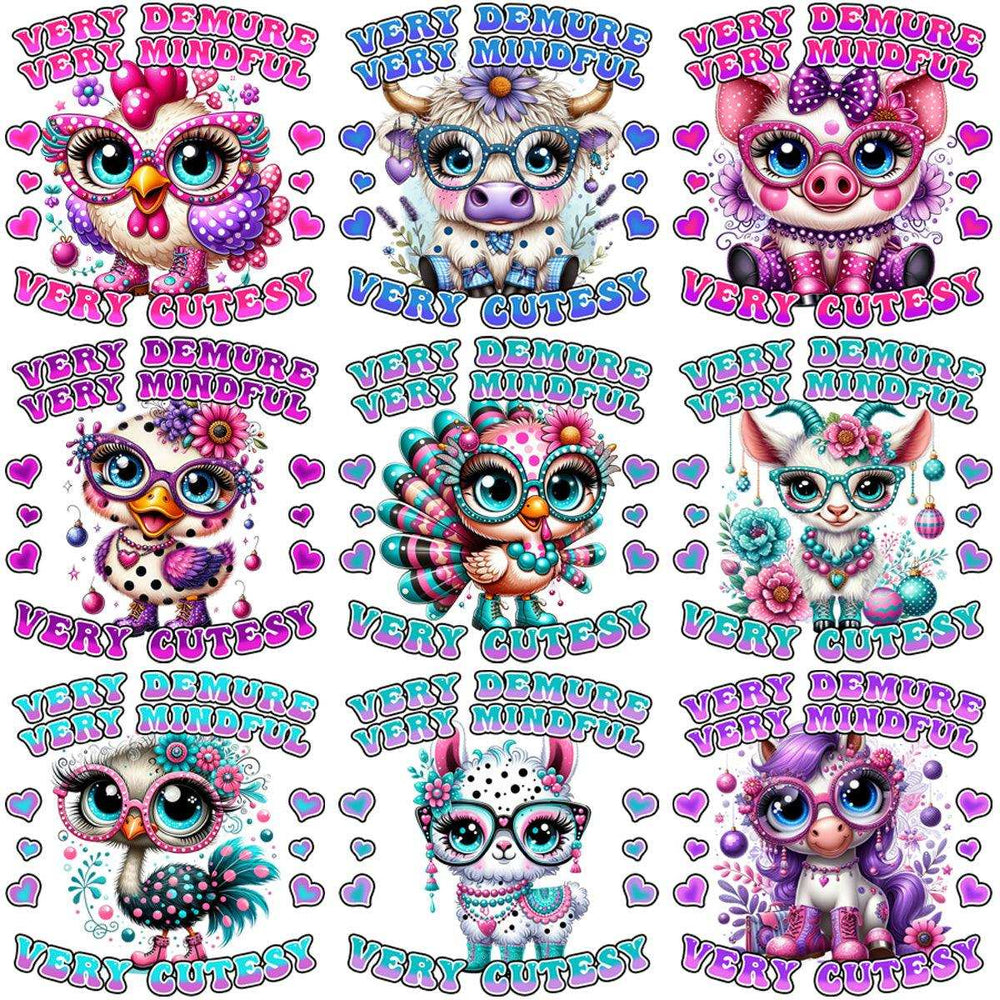 Cute animal designs with glasses, hearts, and 'Very Demure Very Mindful' text for DTF, DTG, embroidery