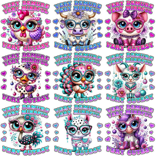 Cute animal designs with glasses, hearts, and 'Very Demure Very Mindful' text for DTF, DTG, embroidery