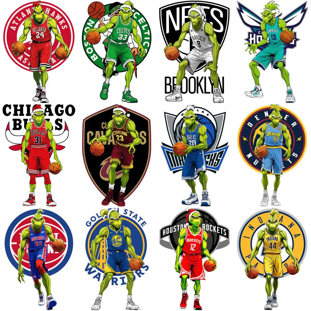 Grinch in NBA team jerseys, holding basketballs, festive holiday designs for DTF/DTG prints