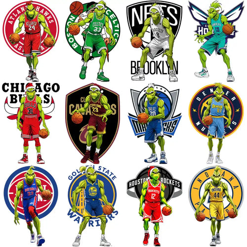Grinch in NBA team jerseys, holding basketballs, festive holiday designs for DTF/DTG prints