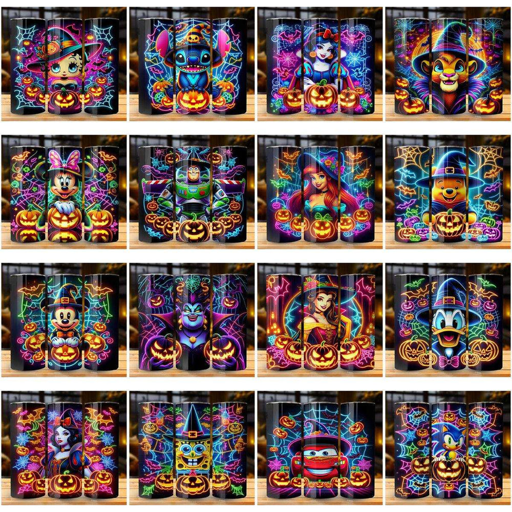Halloween-themed tumbler wraps with neon designs, pumpkins, and cartoon characters for festive customization.