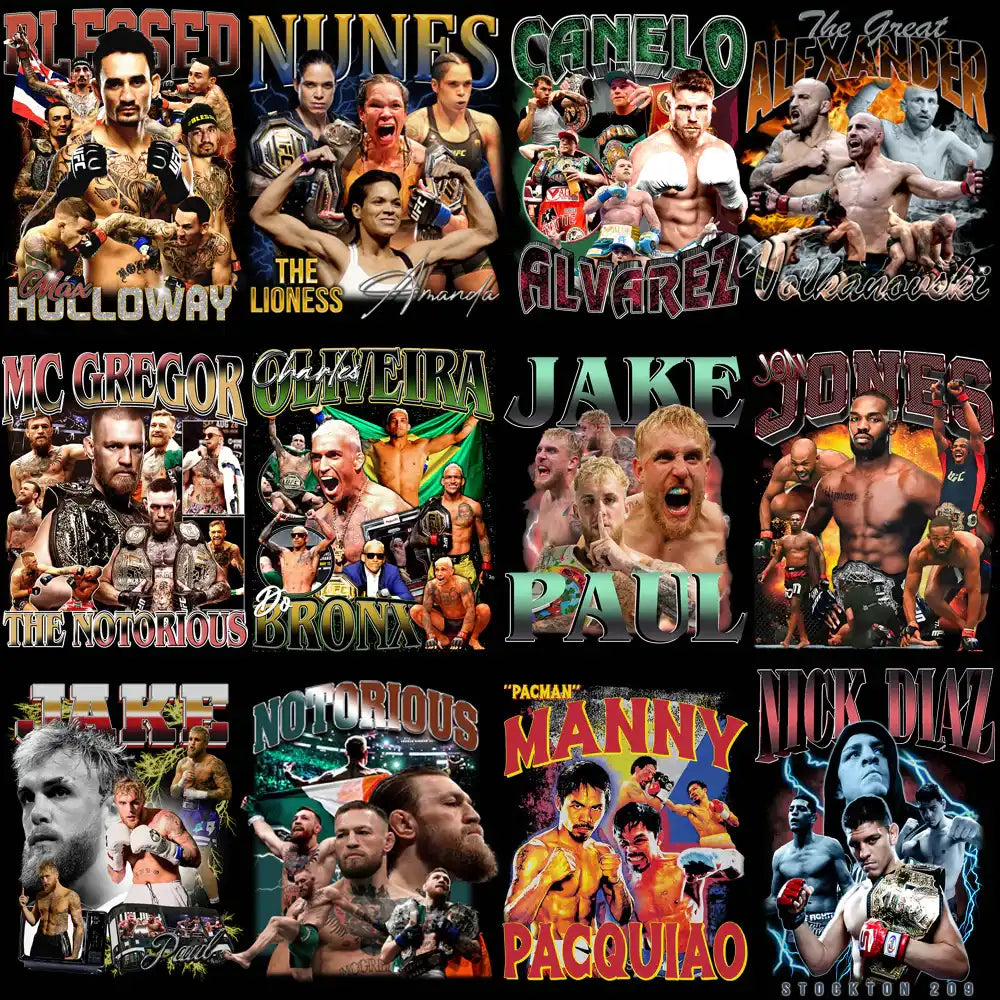 MMA and boxing fighter designs for DTF, DTG, embroidery – print-ready PNG, SVG, PES bundles