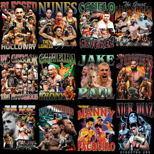 MMA and boxing fighter designs for DTF, DTG, embroidery – print-ready PNG, SVG, PES bundles