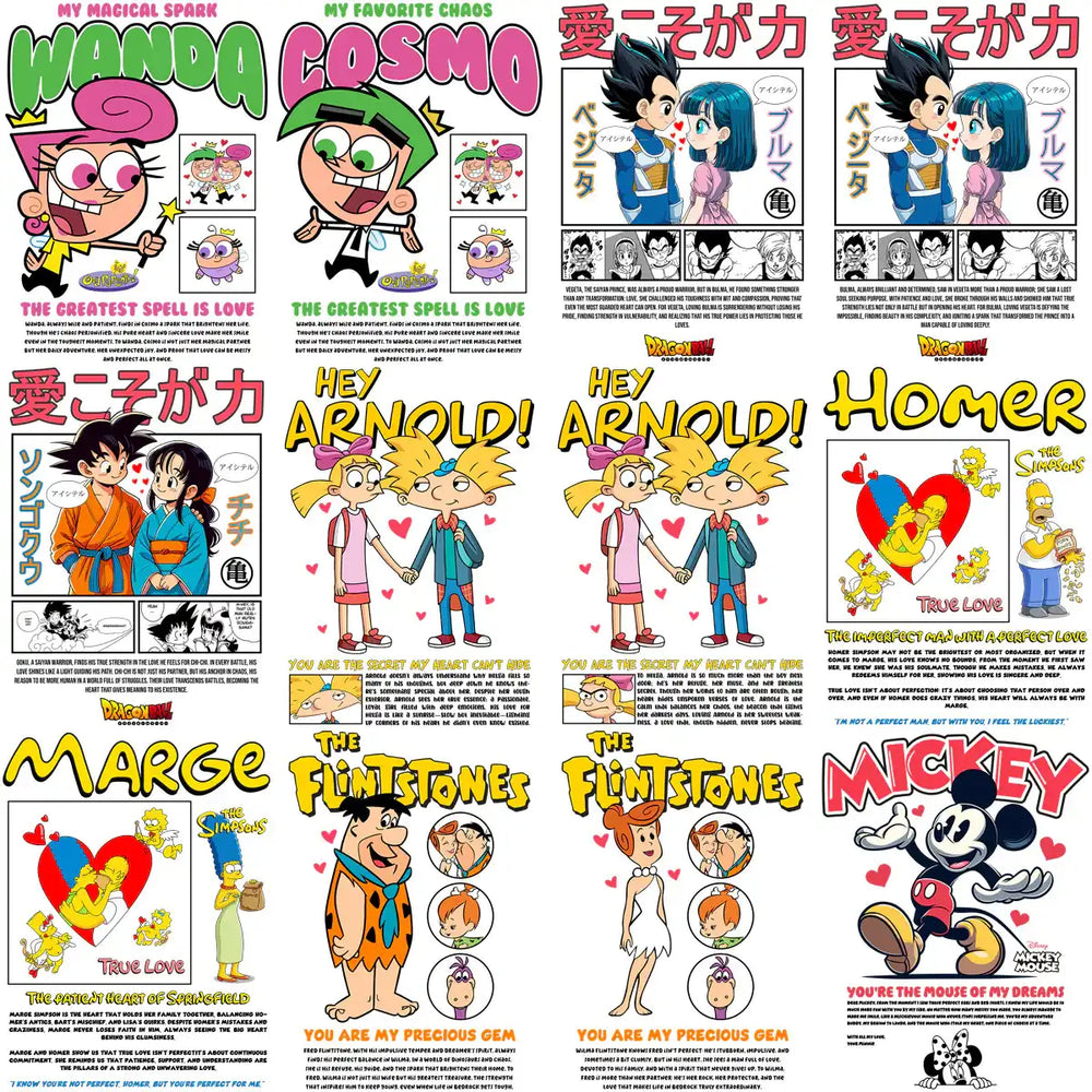 Cartoon love-themed designs featuring Wanda, Cosmo, Dragon Ball, Hey Arnold, The Flintstones, and Mickey Mouse.