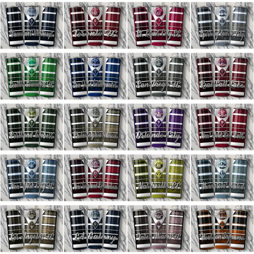 MLS soccer team tumbler wrap designs in vibrant stripes and logos for DTF/DTG printing