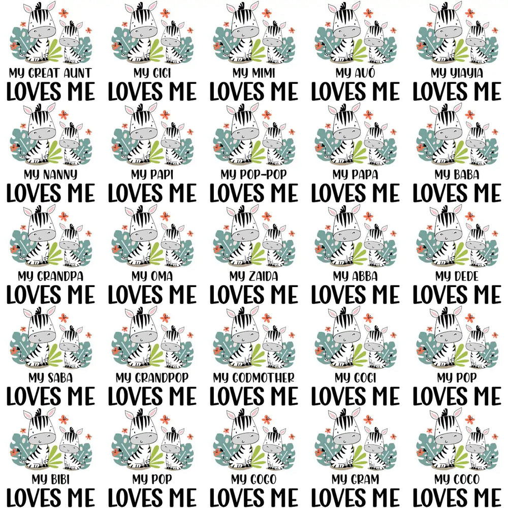Cute zebra family designs with 'Loves Me' text for DTF/DTG and embroidery projects