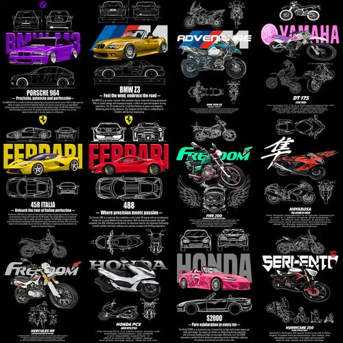 Car and motorcycle design bundles for DTF/DTG, embroidery, and tumbler wraps with instant download