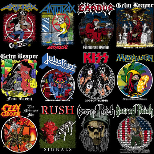 Rock band logos & album art designs for DTF, DTG, embroidery — print-ready PNG, SVG, PES